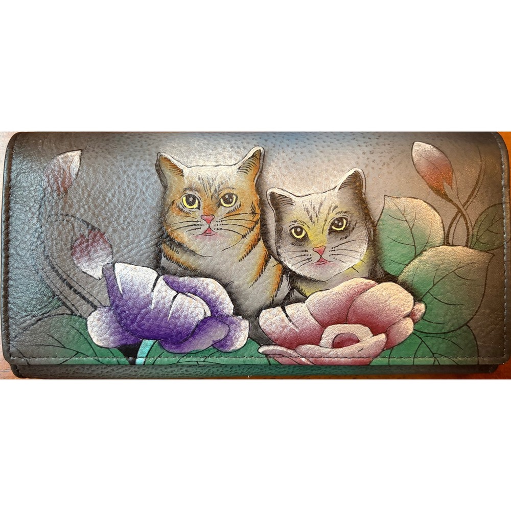 Anna by Anuschka Hand Painted Leather Wallet Cat Floral Tri-Fold Organizer Gray